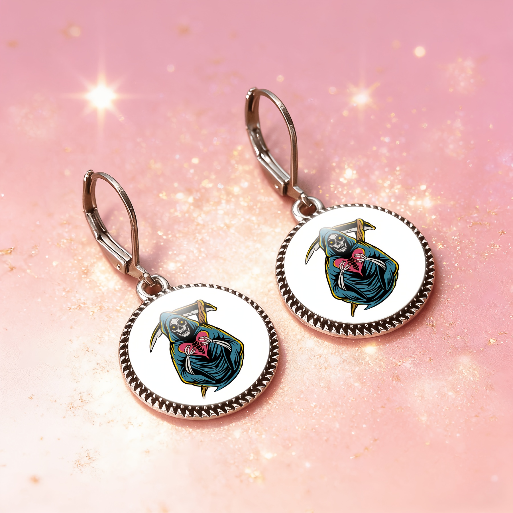 3pc Skull Head Heart Necklace & Earrings Set, Classic Style